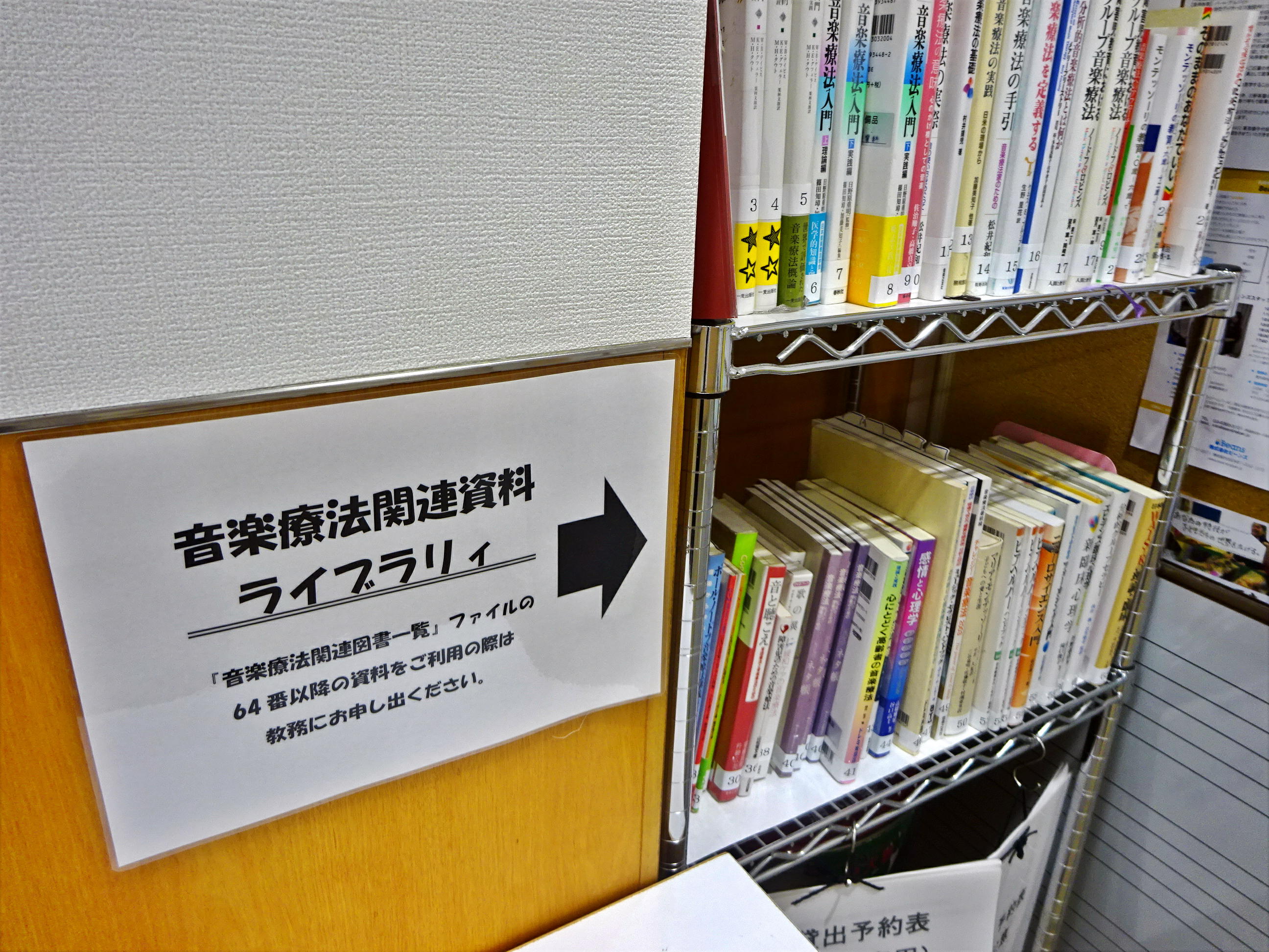 国立音楽院 東京校２階にある音楽療法関連資料ライブラリィの写真。約40冊ほどの本が二段に並ぶ。